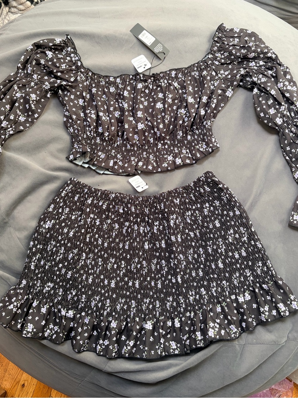 Fashion Nova Black Floral Smocked Mini Skirt & Puff Sleeve Crop Top Set